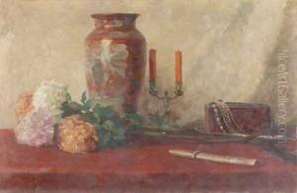 Stilleben Mit Chrysanthemen, Chinavase, Perlketten Und Japanischemkurzschwert Oil Painting by Wilhelm Wunderwald