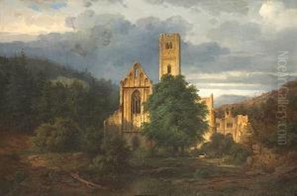 Church Ruins In A Mountainous Landscape Oil Painting by Karl Wurbs