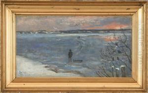 Winterscape, Sunset At A Frozen Lake Oil Painting by Carl Gotfred Wurtzen