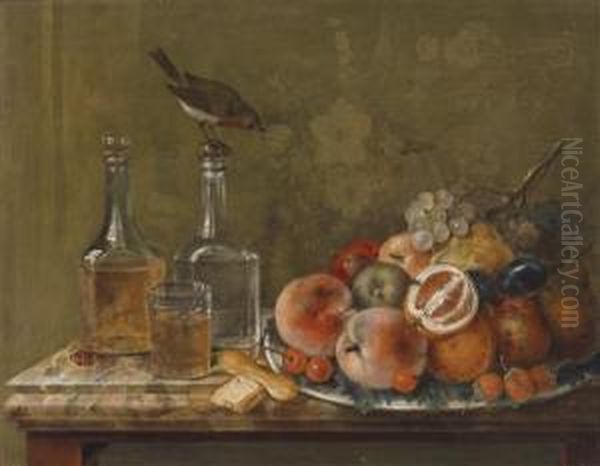 Still Life With Fruit And Glass Decanters Oil Painting by Joham Matthias Wourzer