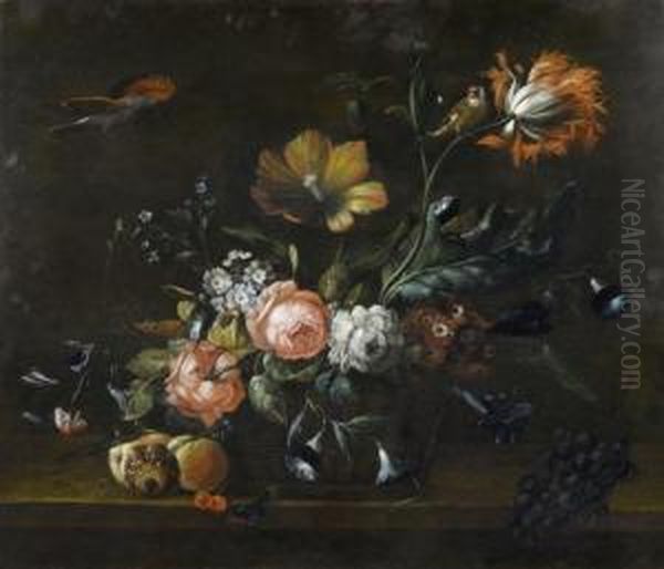 Still Life With Flowers, Small Birds And Abutterfly Oil Painting by Joham Matthias Wourzer