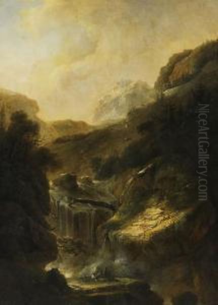 Ideale Gebirgslandschaften Mit Wasserfall Undzeichnern Oil Painting by Heinrich Wust