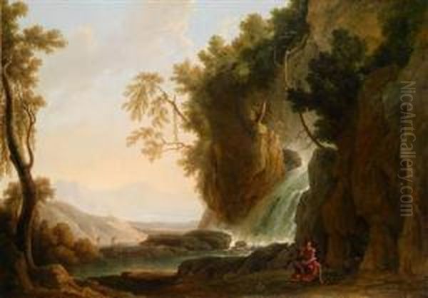 Sudlichelandschaft Mit Einem Wasserfall Und Dem Heiligen Hieronymus Oil Painting by Heinrich Wust