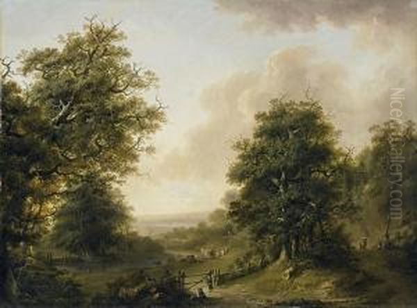 Zwei Bewaldete Landschaften Mit Staffefiguren Oil Painting by Heinrich Wust