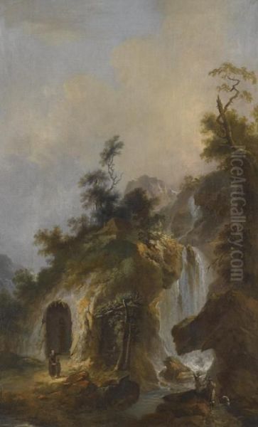 A Landscape With A Hermit's Shrine At The Bottom Of A Waterfall Oil Painting by Michael Wutky