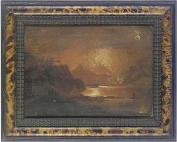 Mount Vesuvius Erupting At Night, With Figures In A Boat Oil Painting by Michael Wutky