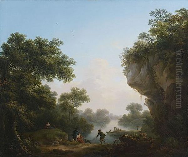 Pecheurs Devant Une Riviere Traversant Un Paysage De Rochersboises Oil Painting by Michael Wutky