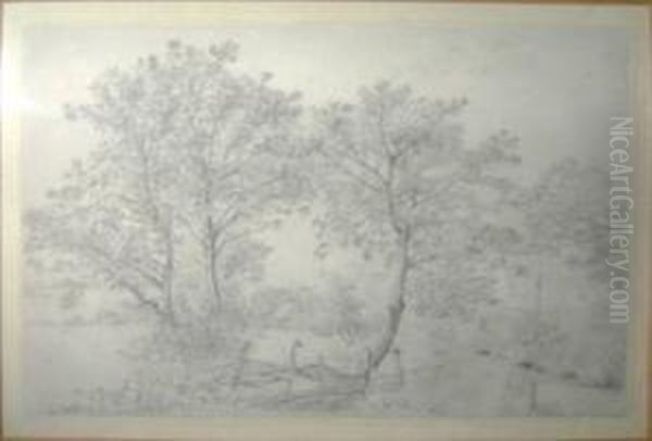 'studyof Trees And Cottage Beyond', Pencil, 11.5cm X 17cm, Framed Oil Painting by Henry Wyatt