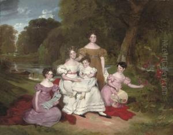 Portrait Of The Hunt Family, Full-length, Seated In The Garden At Buckhurst Rectory, Near Windsor Oil Painting by Henry Wyatt