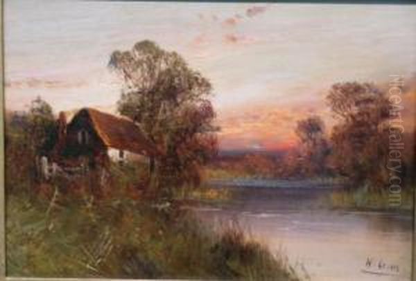 Cottage By A River: Two Oil Painting by Lewis William Wyatt