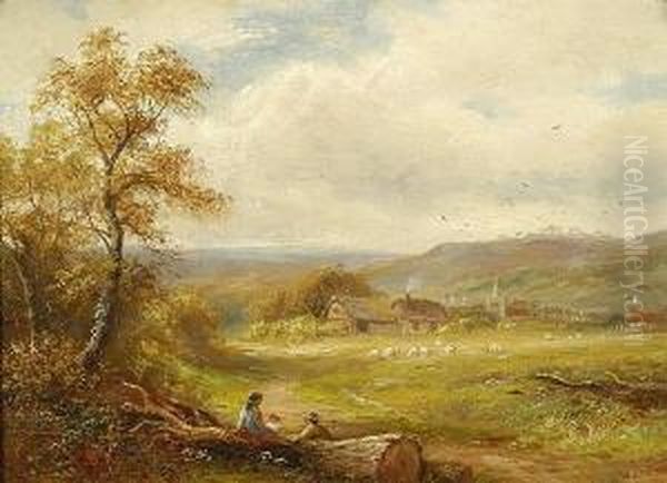 Figures Resting By A Fallen Tree With Sheep Grazing In An Extensive Landscape Beyond Oil Painting by Lewis William Wyatt