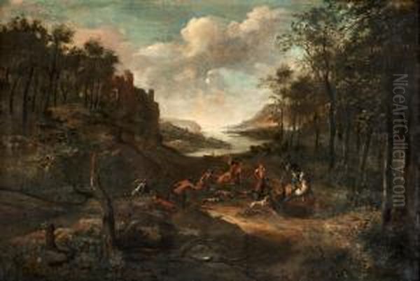 Landscape With Hunting Party Oil Painting by Jan Wyck