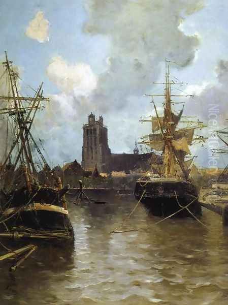 Dordrecht Harbor Oil Painting by Frank Myers Boggs