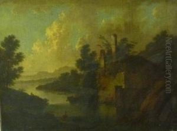 River Landscape With Ruined House And Fishermen Oil Painting by Jan Wyck