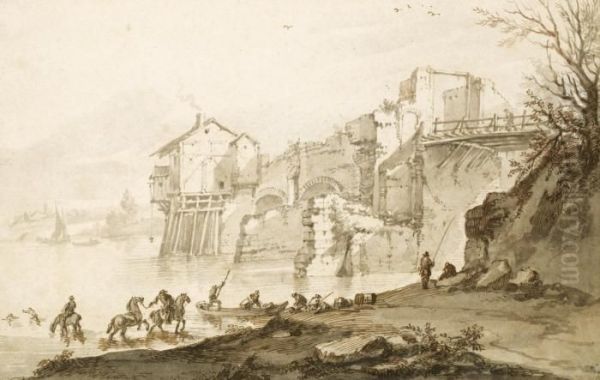 River Landscape: Figures At A Ferry Landing Below A Ruinedbridge Oil Painting by Jan Wyck