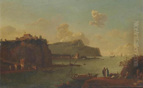 A Coastal Landscape With Figures On A Harbour, A Fortified City Beyond Oil Painting by Thomas Wyck