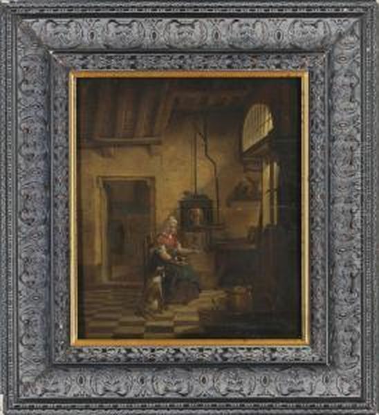 A Maid With Dogs In A Kitchen Interior Oil Painting by Thomas Wyck