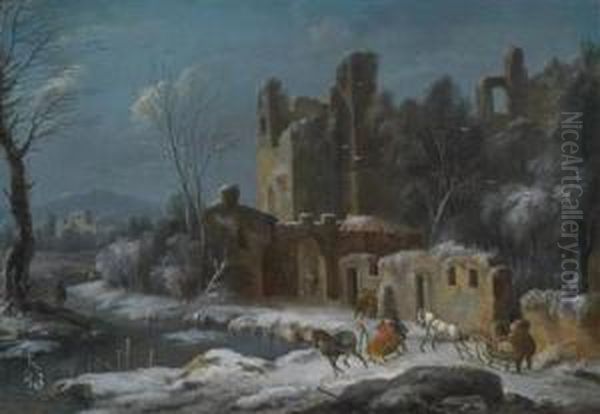 A Winter Landscape With Travellers In A Sledge Drawn By Horses Oil Painting by Thomas Wyck