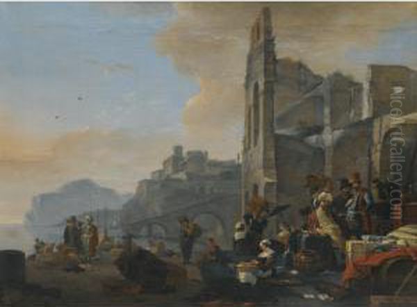 An Italianate Coastal Landscape With Figures In Oriental Dress At Market Oil Painting by Thomas Wyck