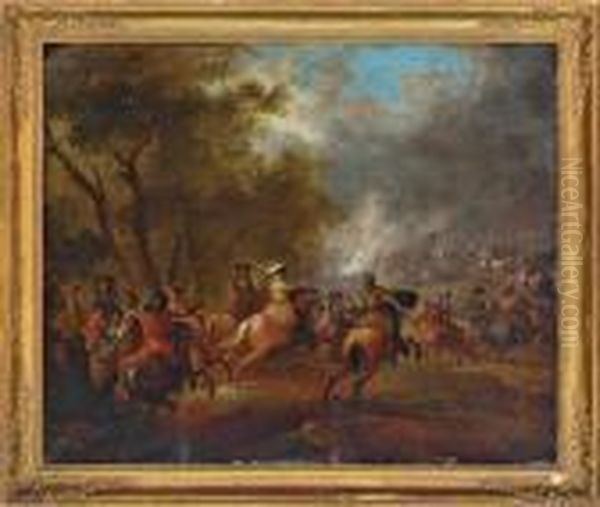 A Battle Scene With An Officer On Horseback Directing His Troops To The Battle Ground Beyond Oil Painting by Thomas Wyck