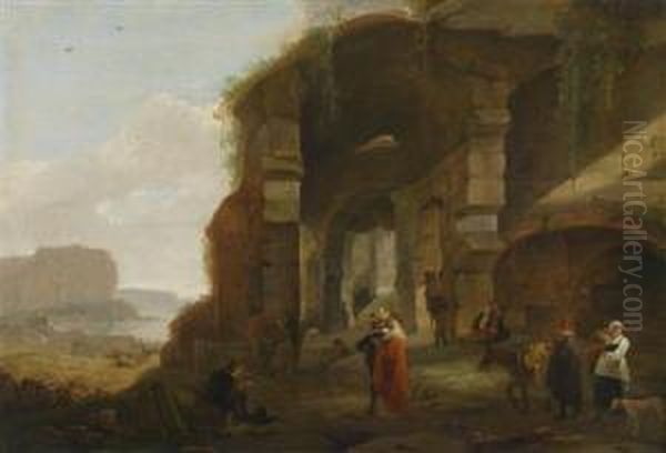 A Southern Landscape With Figures Nearruins And A Seaport Oil Painting by Thomas Wyck