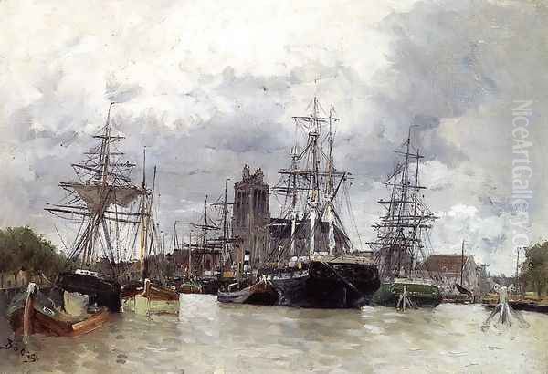 Dordrecht Harbor With Shipping And Cathedral Oil Painting by Frank Myers Boggs