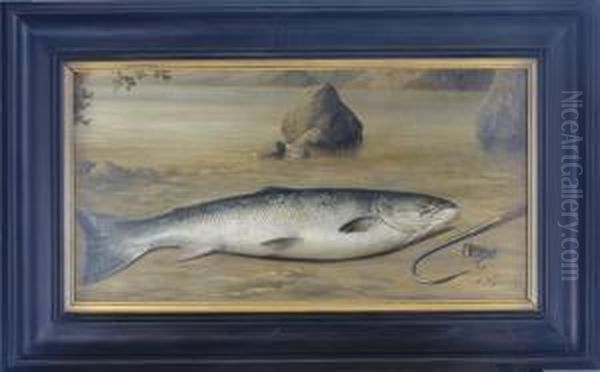 Rainbow Trout With Hook And Line Oil Painting by Arnoud Wydeveld