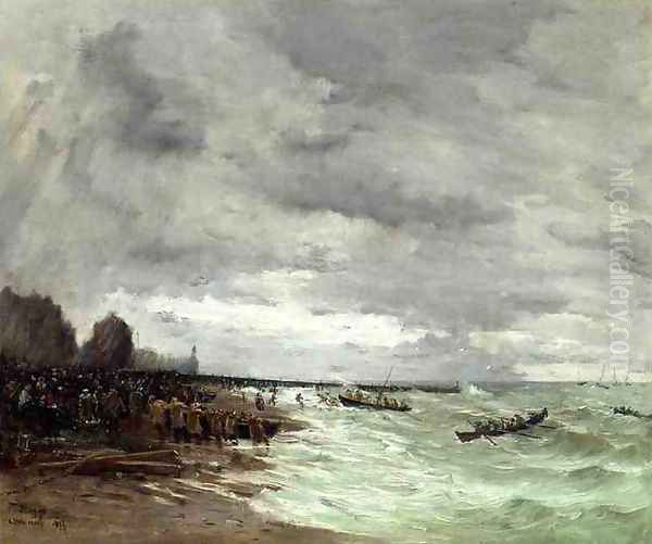 Beaching The Boats At Grandcamps Normandy Oil Painting by Frank Myers Boggs