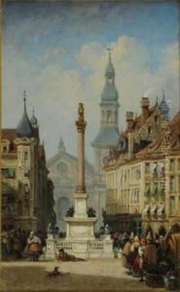 Munich. Crowded Street Scene With Figures Milling Around A Column And Statue In A Square Oil Painting by William Wyld