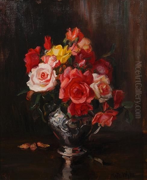 Roses In A Vase Oil Painting by Kate Wylie