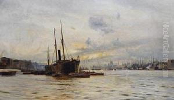 London From Rotherhithe Oil Painting by Charles William Wyllie