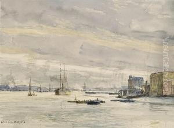 Shipping In Portsmouth Harbour Oil Painting by Charles William Wyllie