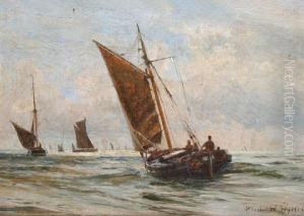 A Fishing Boat And Barges In Sail, Possiblythe Thames Estuary Oil Painting by Charles William Wyllie