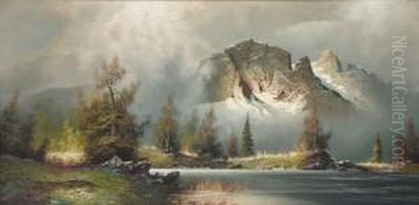 Gebirgssee Mit Schneebedeckten Bergen Im Hintergrund Oil Painting by Reginald Augustus Wymer