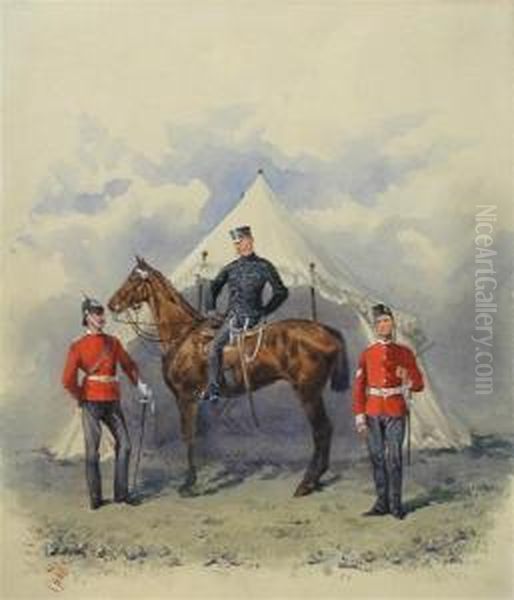 A Mounted Officer With A Sargent Corporal In Front Of A Campaign Tent Oil Painting by Reginald Augustus Wymer