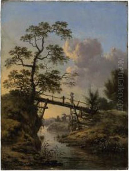 A Stream With A Peasant Woman Crossing A Footbridge Oil Painting by Jan Wijnants