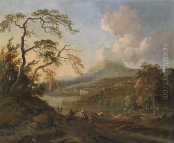 A River Landscape With A Hunting Party Oil Painting by Jan Wijnants