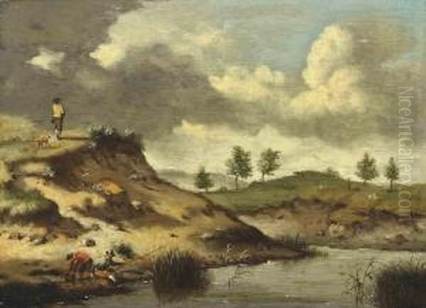 A River Landscape With Anglers On A Bank Oil Painting by Jan Wijnants