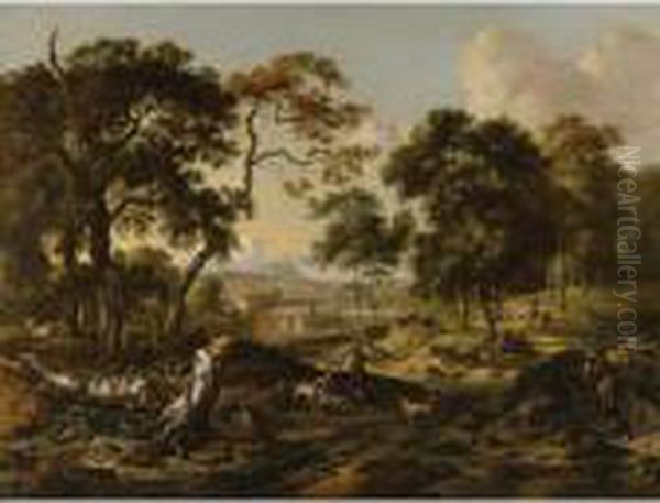 Landscape With Sportsmen Resting By A Path Oil Painting by Jan Wijnants