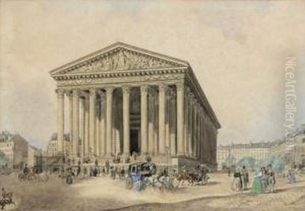 Vue Animee De La Place De La Madeleine A Paris
 Plume Et Encre Noire, Lavis Gris Et Aquarelle Avec Rehauts De Gouache Blanche Oil Painting by Augustus Wijnantz