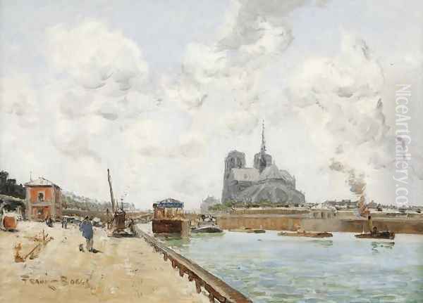 Paris: Les Quais, La Seine et Notre Dame Oil Painting by Frank Myers Boggs