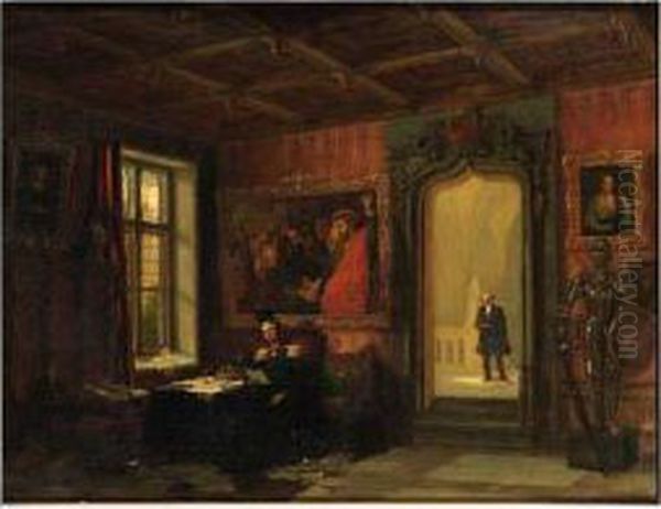 King Willem Ii Of The Netherlands Seated In His Study At The Palacekneuterdijk, The Hague, With His Comptroller Victor Amadeotrossarello Standing In The Doorway In The Background Oil Painting by Augustus Wijnantz