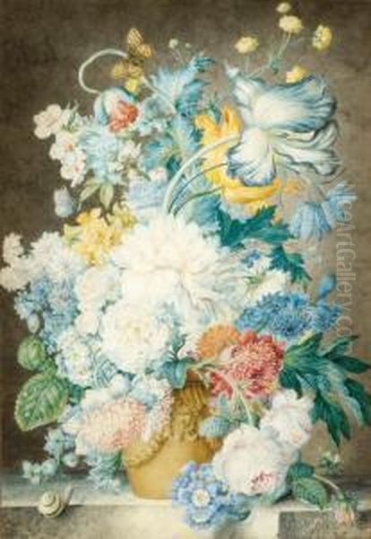 A Large Variety Of Flowers In A Vase, Together With A Snail And Two Butterflies Oil Painting by Oswald Wynen