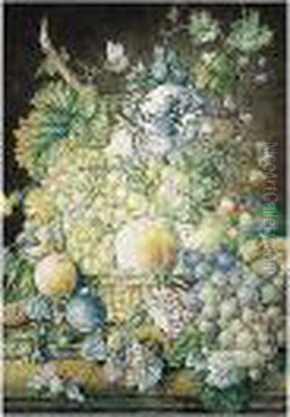 An Elaborate Still Life Of Fruit And Flowers Oil Painting by Oswald Wynen