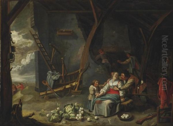 Peasants In A Barn Interior Oil Painting by Dirck Wyntrack