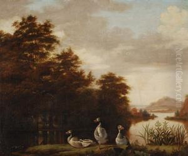 Three Ducks By A Lake In An Extensive Landscape Oil Painting by Dirck Wyntrack