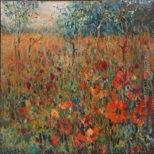 Trees In A Meadow With Poppies In Bloom Oil Painting by Juliette Wytsman