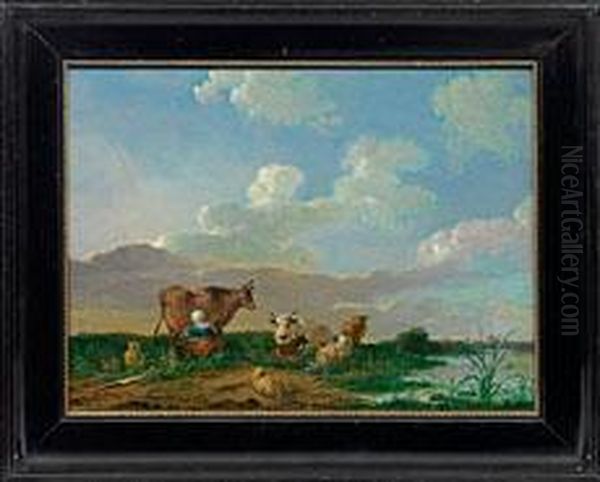 Melkende Hirtin Am Flussufer Oil Painting by Franciscus Xaverius Xavery