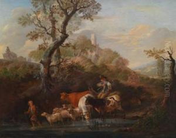 Hirten In Idyllischerlandschaft Oil Painting by Franciscus Xaverius Xavery