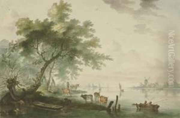 2 Bll.: Flusslandschaften Mit Vieh Und Booten. Oil Painting by Franciscus Xaverius Xavery